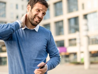 Un homme avec un pull bleu ayant des douleurs cervicales et essayant de les soulager avec sa main droite